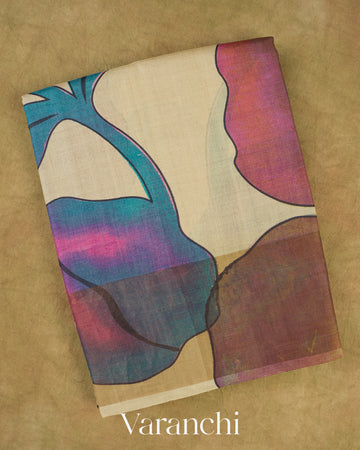 Cream Floral Digital Printed Pure Tussar Silk Saree