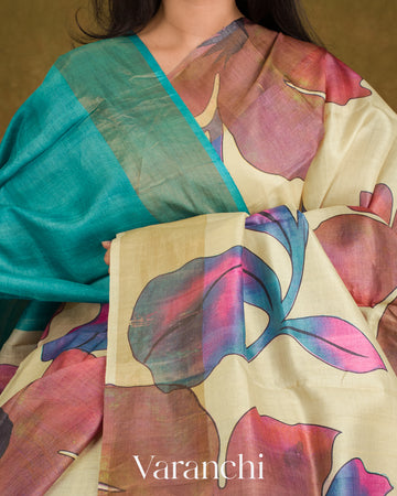 Cream Floral Digital Printed Pure Tussar Silk Saree