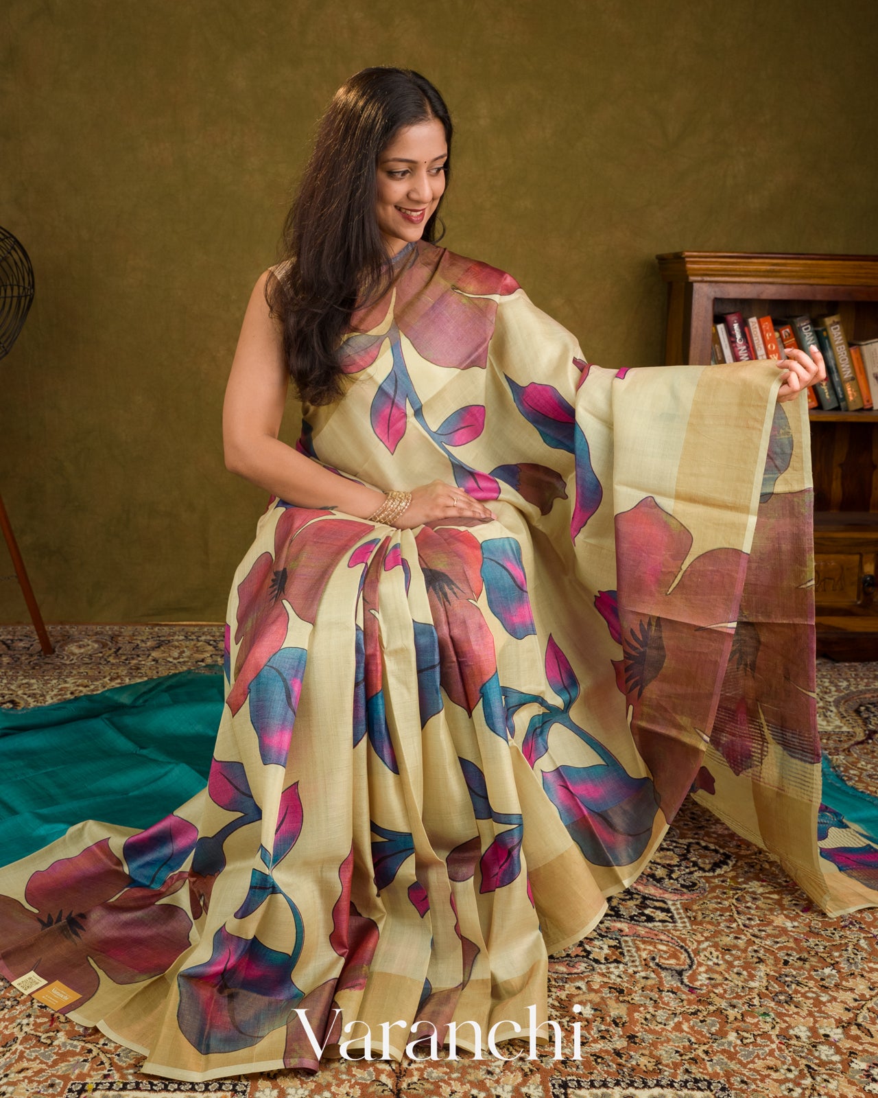 Cream Floral Digital Printed Pure Tussar Silk Saree