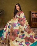 Cream Floral Digital Printed Pure Tussar Silk Saree