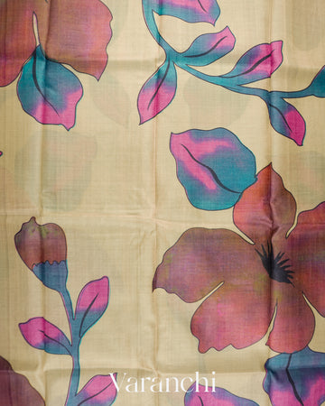 Cream Floral Digital Printed Pure Tussar Silk Saree