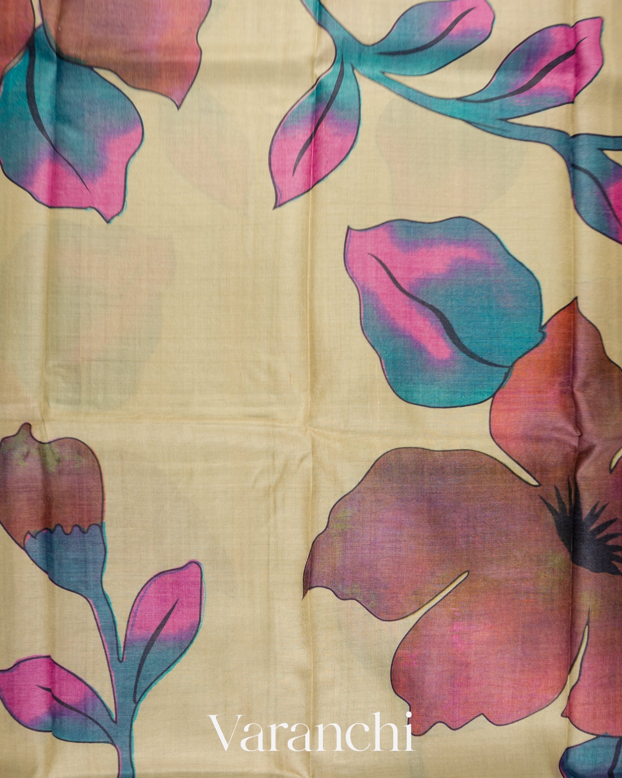 Cream Floral Digital Printed Pure Tussar Silk Saree