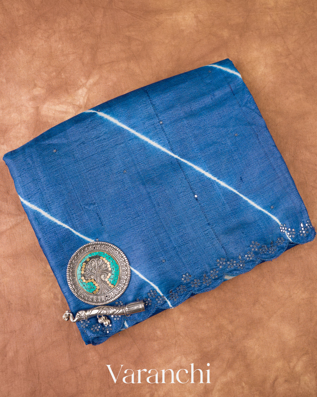 Navy Blue Mirror Hand-Embroidered Pure Tussar Silk Handloom Saree 