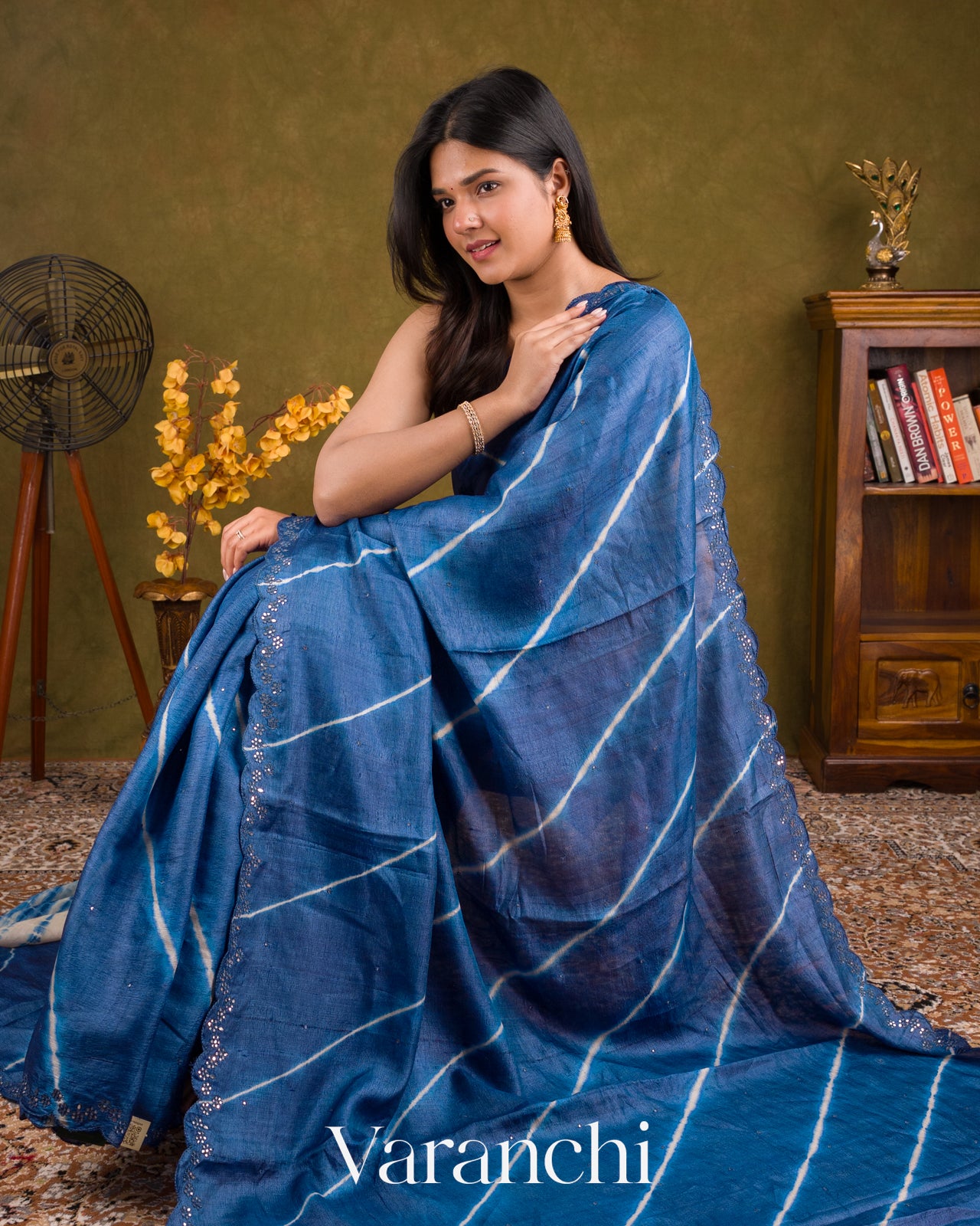 Navy Blue Mirror Hand-Embroidered Pure Tussar Silk Handloom Saree 
