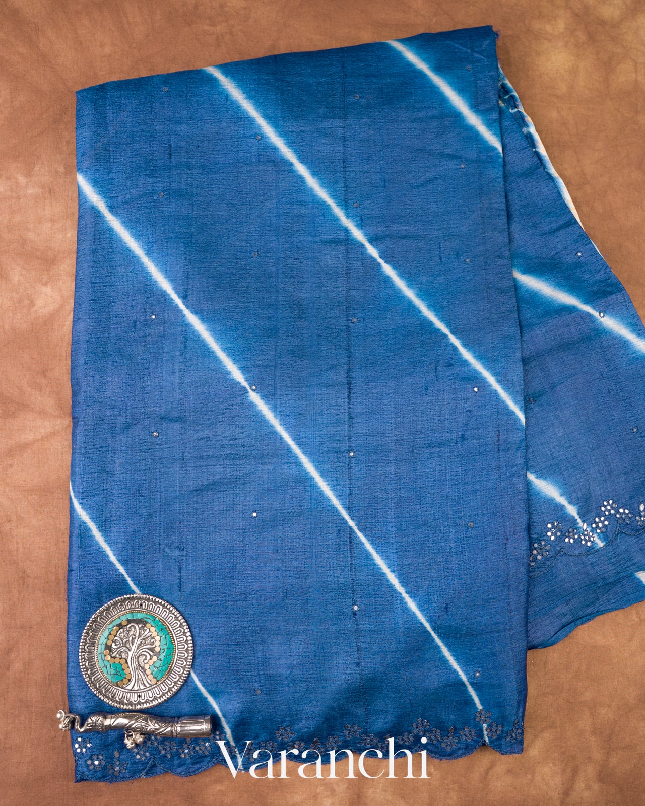 Navy Blue Mirror Hand-Embroidered Pure Tussar Silk Handloom Saree 