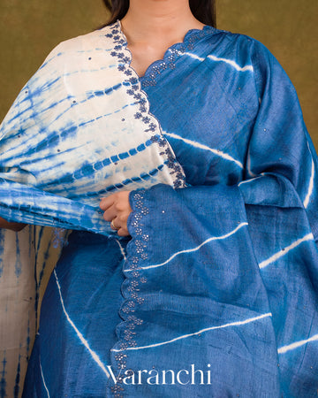 Navy Blue Mirror Hand-Embroidered Pure Tussar Silk Handloom Saree 