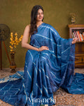 Navy Blue Mirror Hand-Embroidered Pure Tussar Silk Handloom Saree 