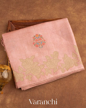 Pastel Pink Tissue Applique and Embroidery Pure Tussar Silk Saree