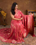 Deep Blush Pink Pure Tussar Georgette Silk Handloom Saree
