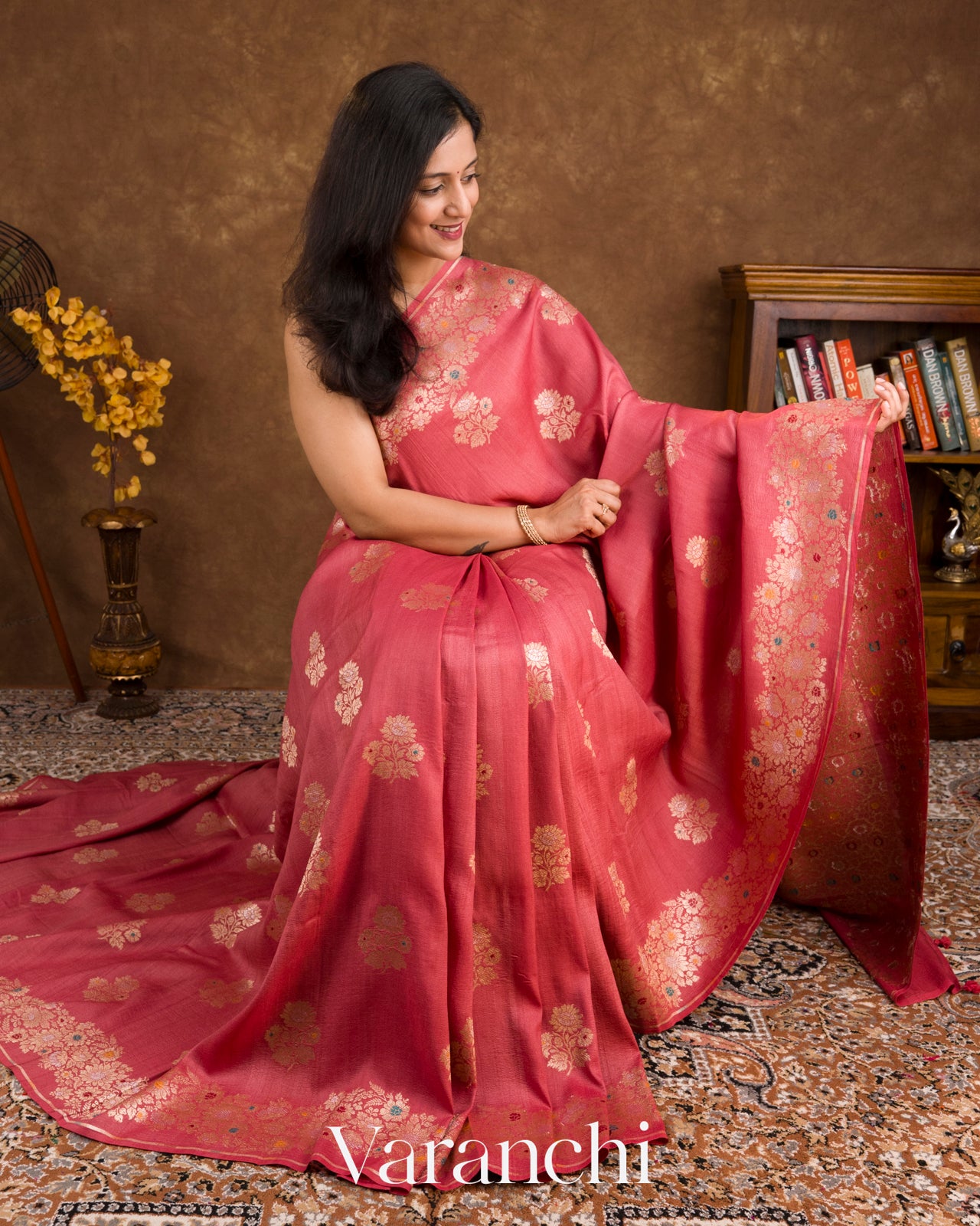 Deep Blush Pink Pure Tussar Georgette Silk Handloom Saree