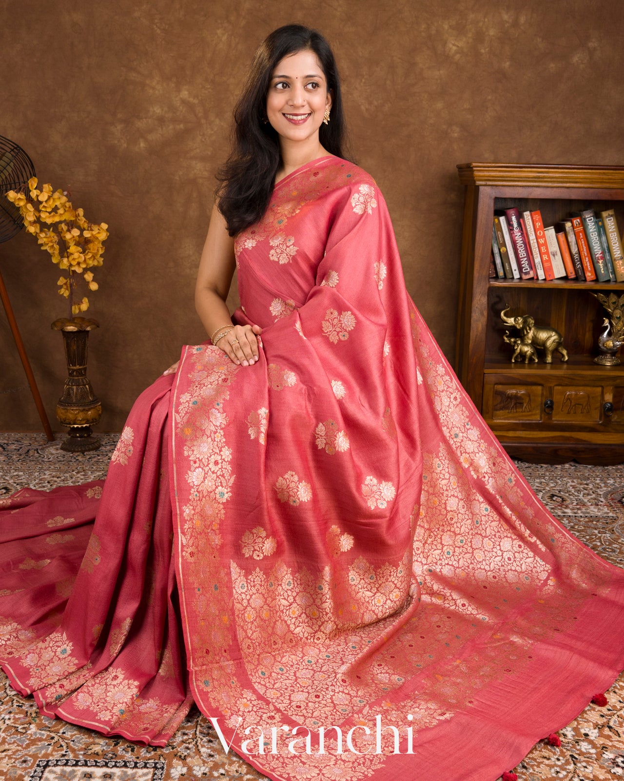 Deep Blush Pink Pure Tussar Georgette Silk Handloom Saree