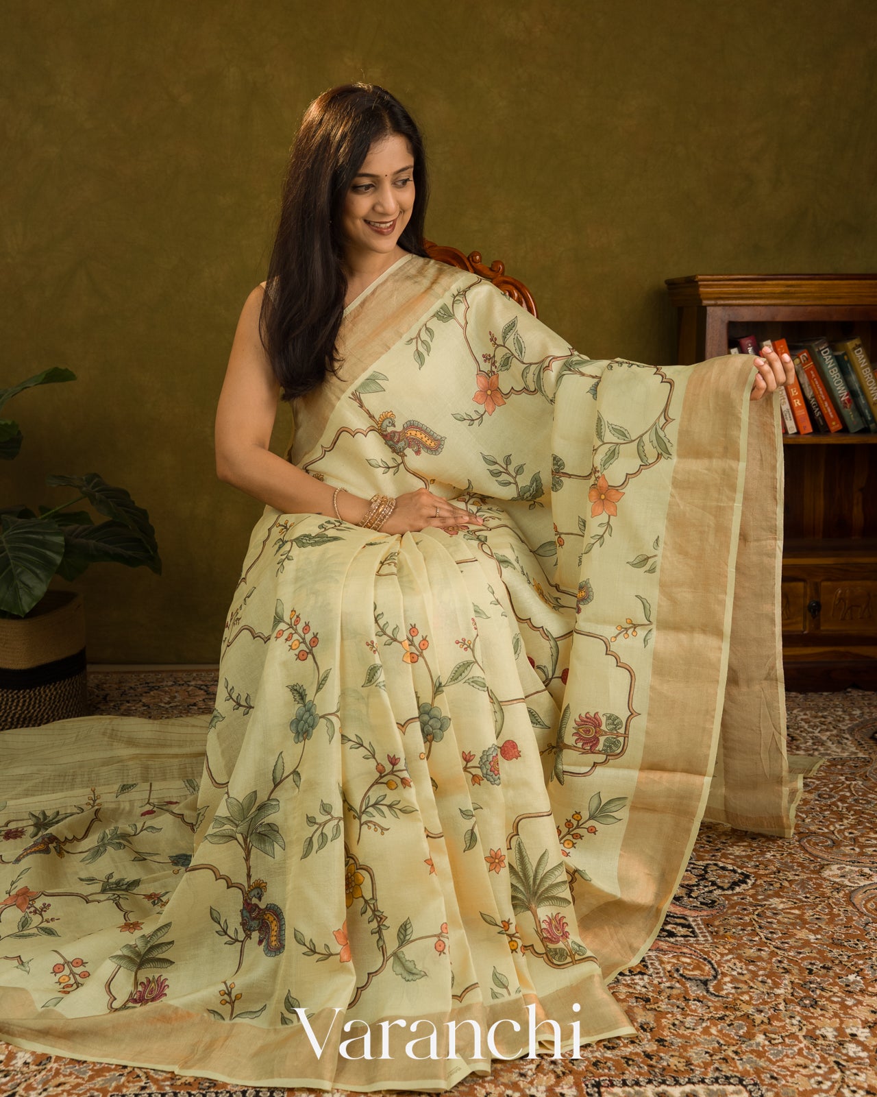 Warm Beige Floral Printed Pure Tussar Silk Saree