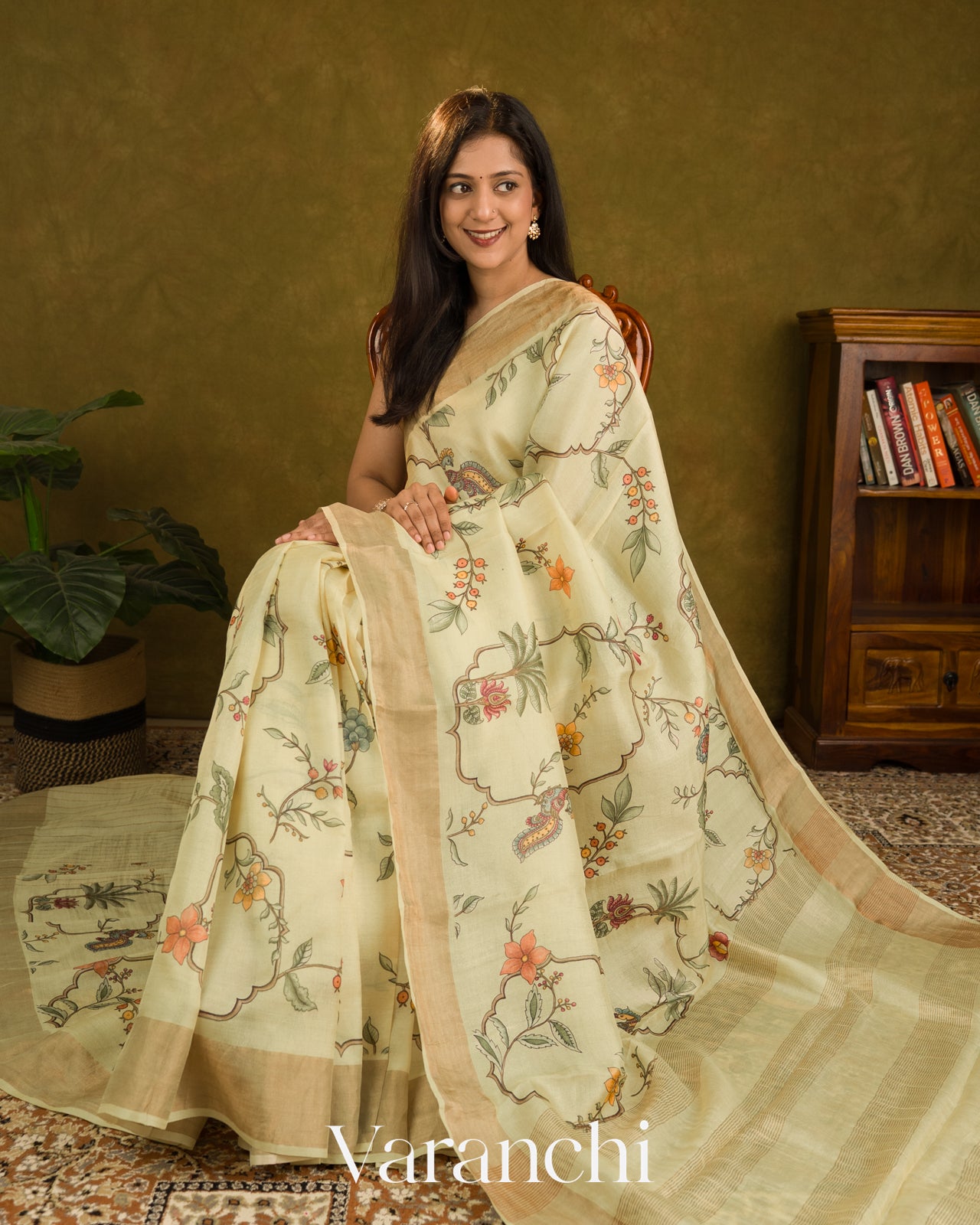 Warm Beige Floral Printed Pure Tussar Silk Saree