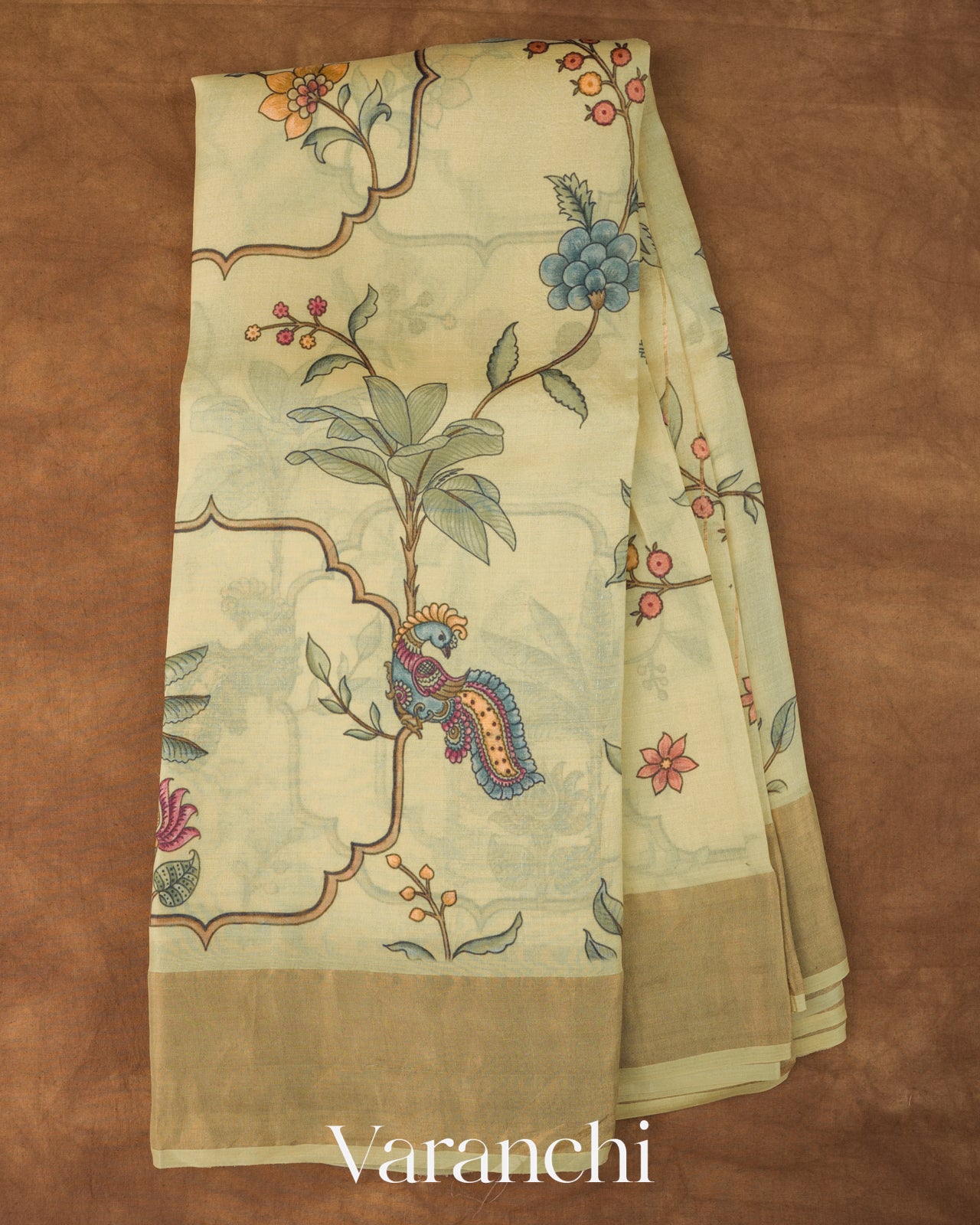 Warm Beige Floral Printed Pure Tussar Silk Saree
