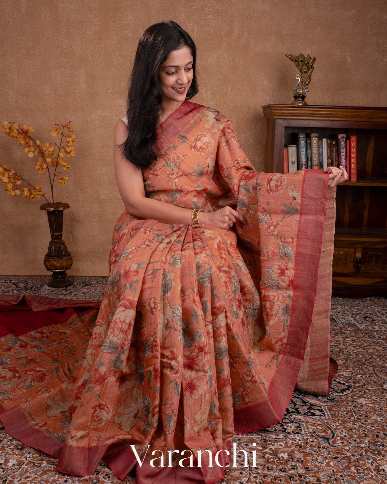 Dusty Orange Floral Printed Pure Tussar Silk Saree
