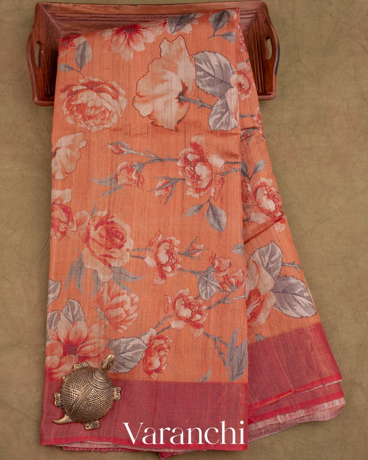 Dusty Orange Floral Printed Pure Tussar Silk Saree