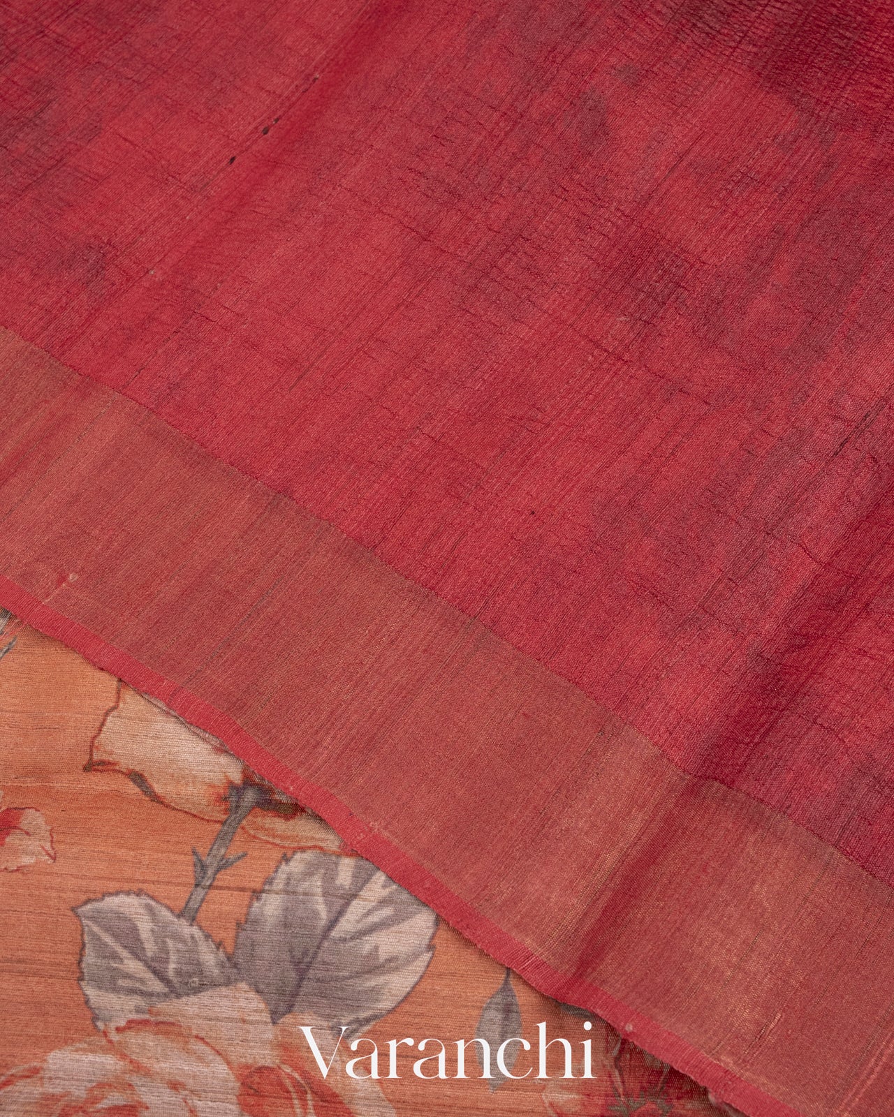 Dusty Orange Floral Printed Pure Tussar Silk Saree