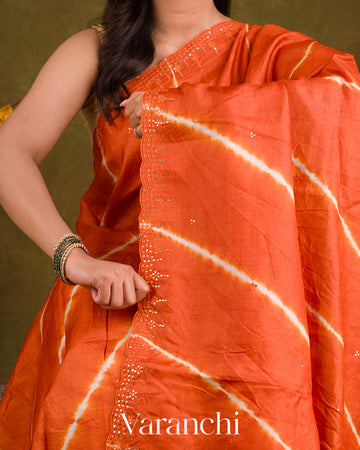 Carrot Orange Mirror Hand-Embroidered Pure Tussar Silk Handloom Saree