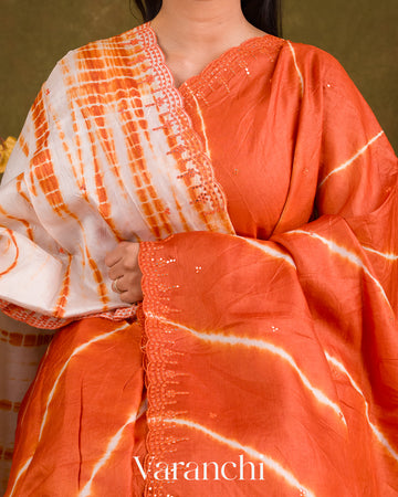Carrot Orange Mirror Hand-Embroidered Pure Tussar Silk Handloom Saree