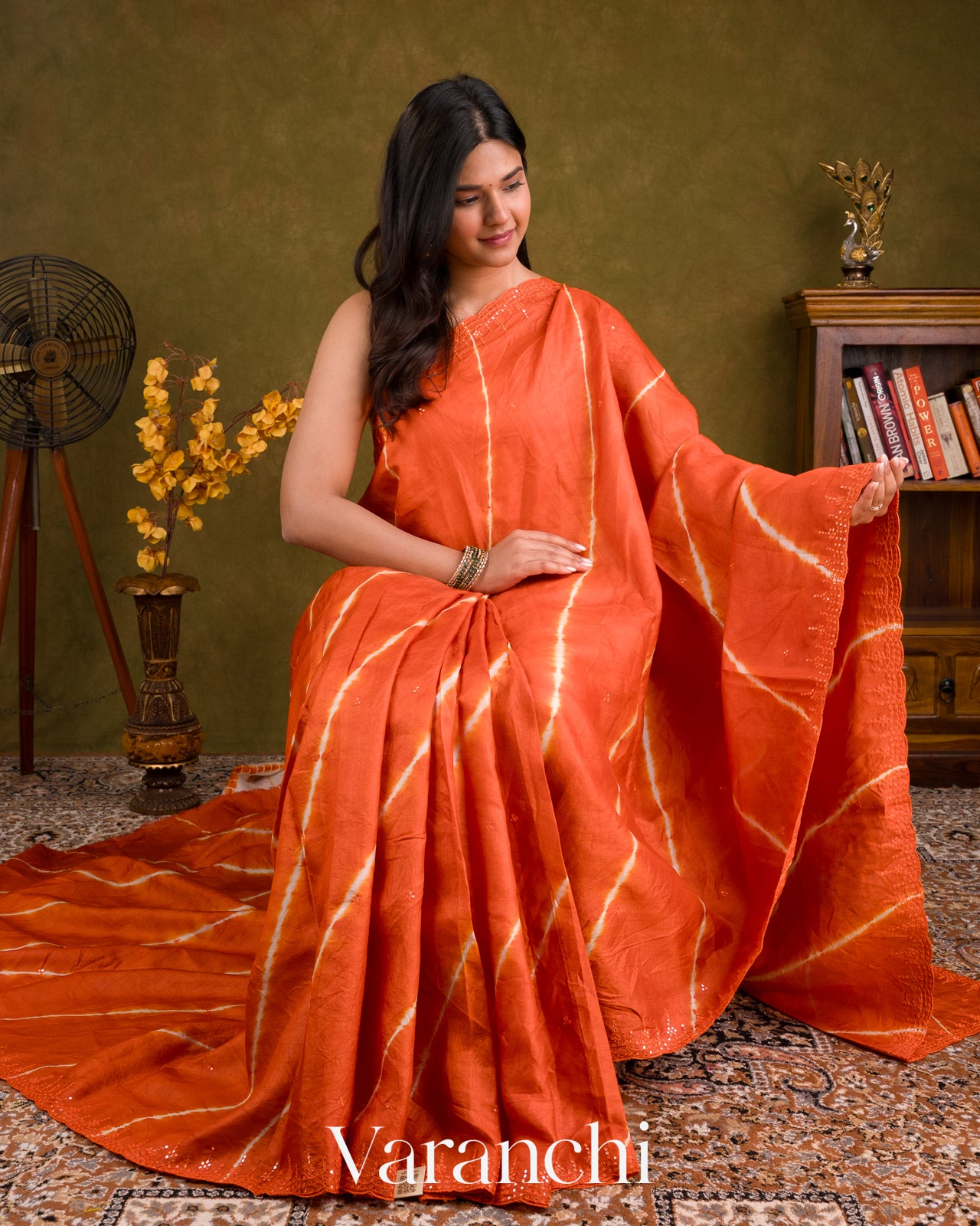 Carrot Orange Mirror Hand-Embroidered Pure Tussar Silk Handloom Saree