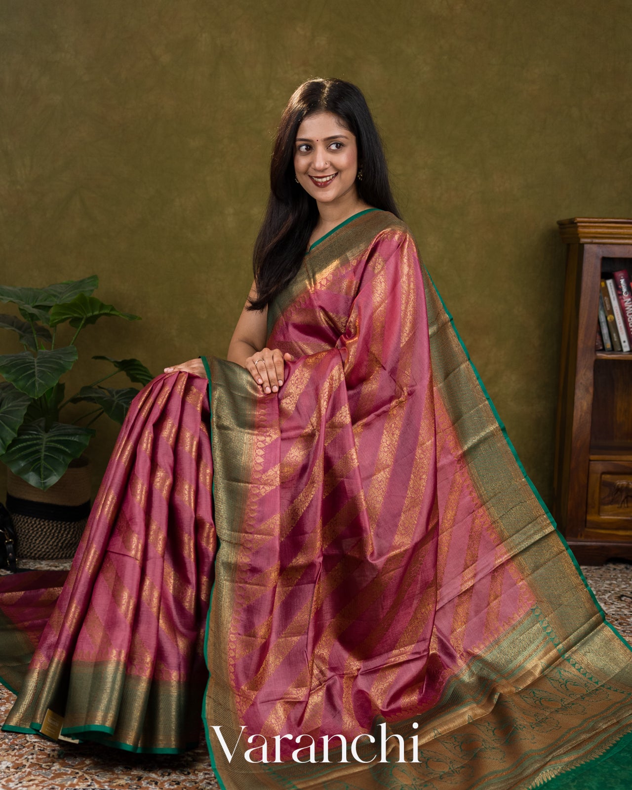 Deep Blush Pink Lehariya Pure Tussar Silk Saree