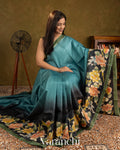 Teal Blue and Earthy Green Kalamkari Printed Pure Tussar Silk Handloom Saree