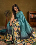 Teal Blue and Earthy Green Kalamkari Printed Pure Tussar Silk Handloom Saree
