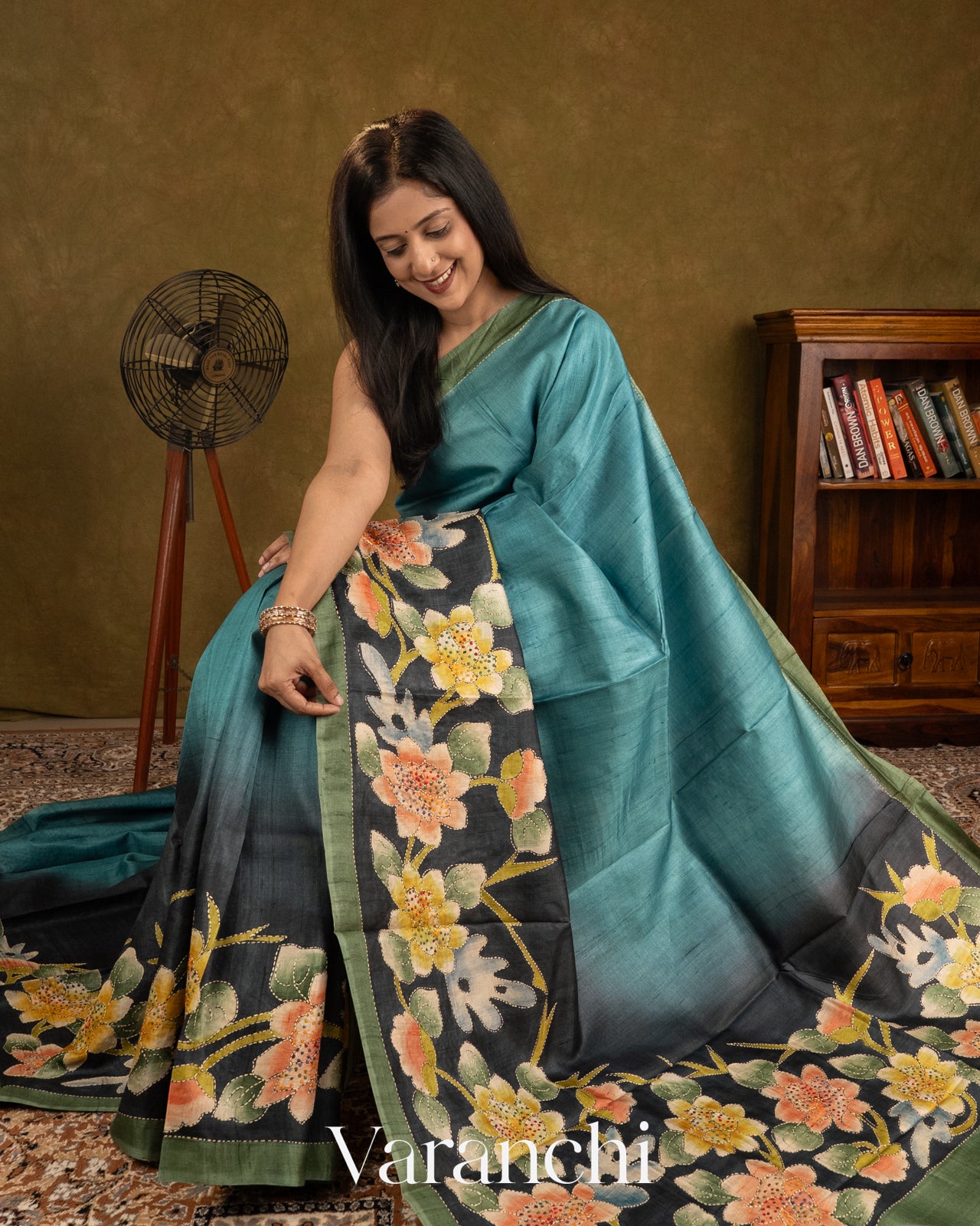 Teal Blue and Earthy Green Kalamkari Printed Pure Tussar Silk Handloom Saree