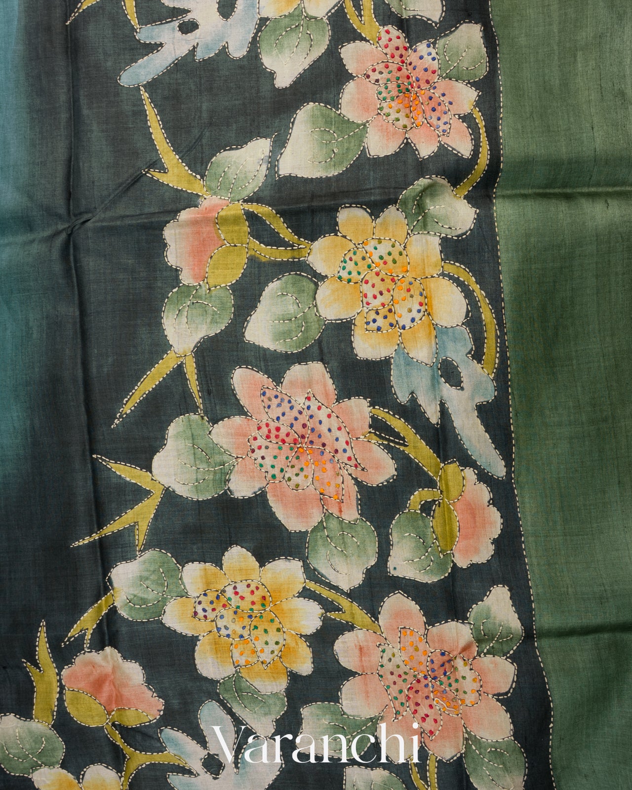 Teal Blue and Earthy Green Kalamkari Printed Pure Tussar Silk Handloom Saree