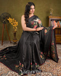Jet Black Pure Tussar Silk with Embroidered Handloom Saree