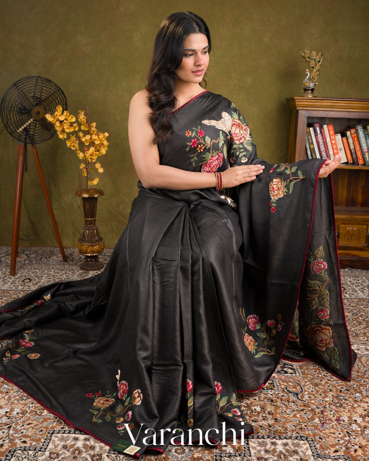 Jet Black Pure Tussar Silk with Embroidered Handloom Saree