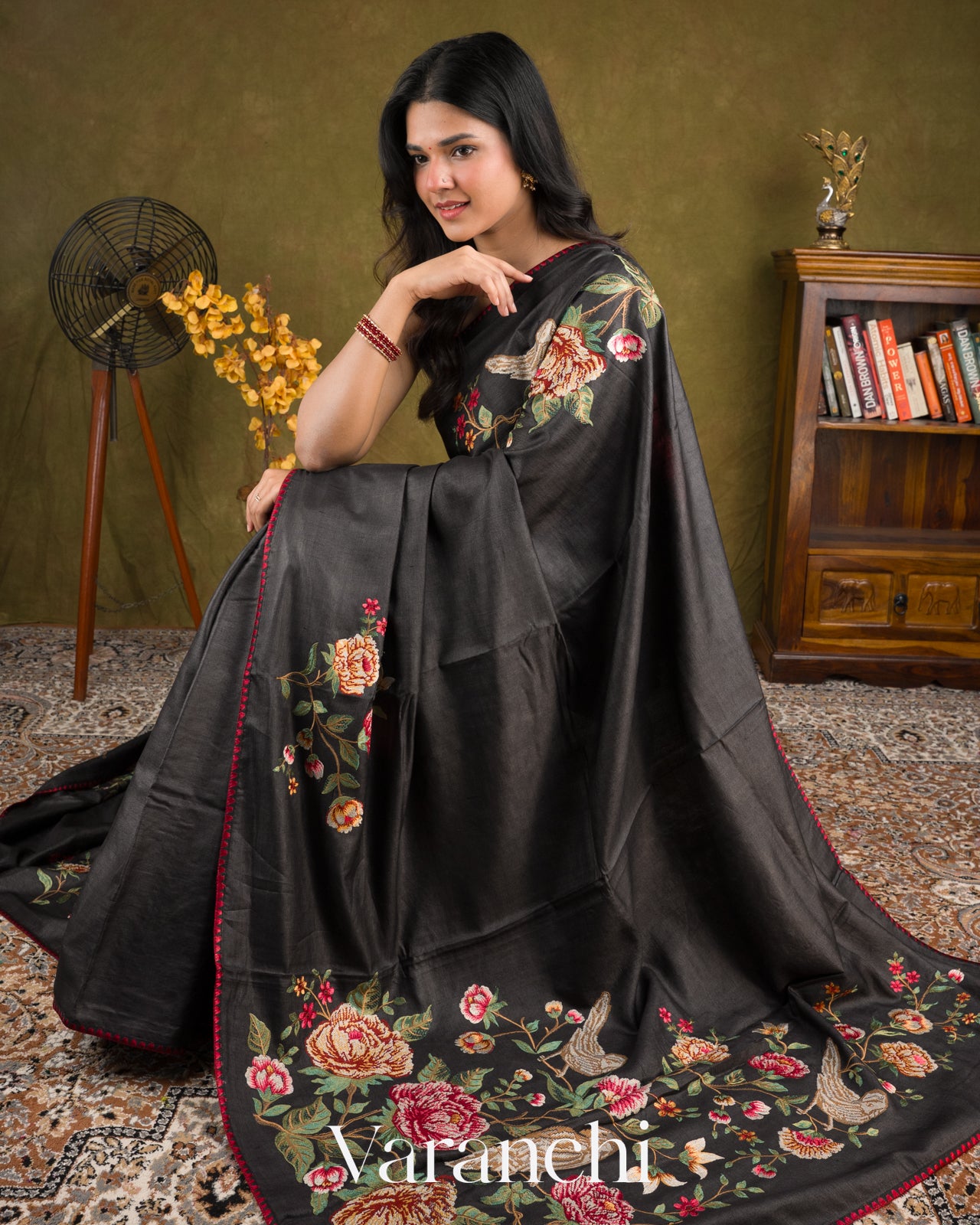 Jet Black Pure Tussar Silk with Embroidered Handloom Saree