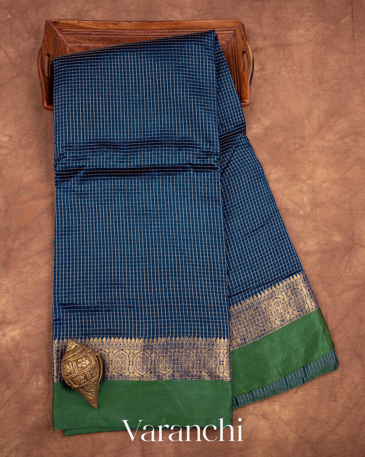 Navy Blue Checkered Pure Katan Silk Saree