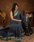 Navy Blue Checkered Pure Katan Silk Saree