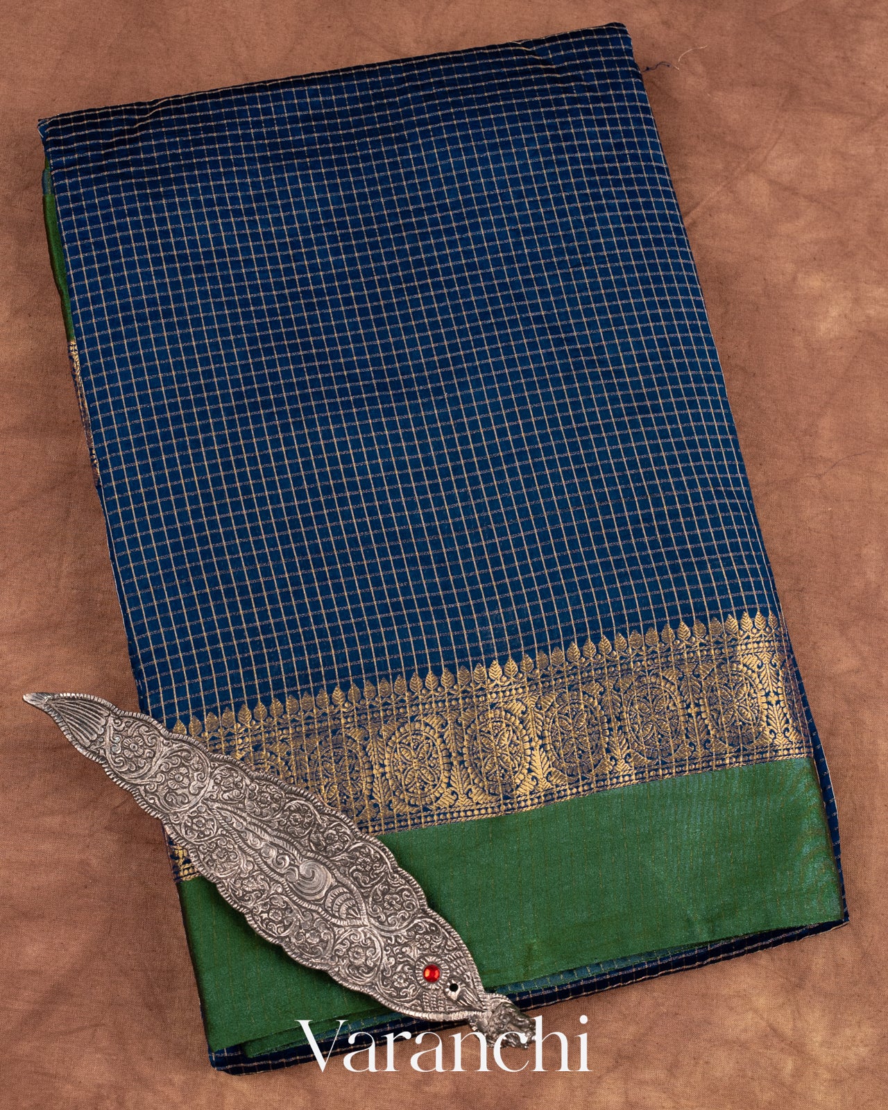 Navy Blue Checkered Pure Katan Silk Saree
