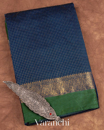 Navy Blue Checkered Pure Katan Silk Saree