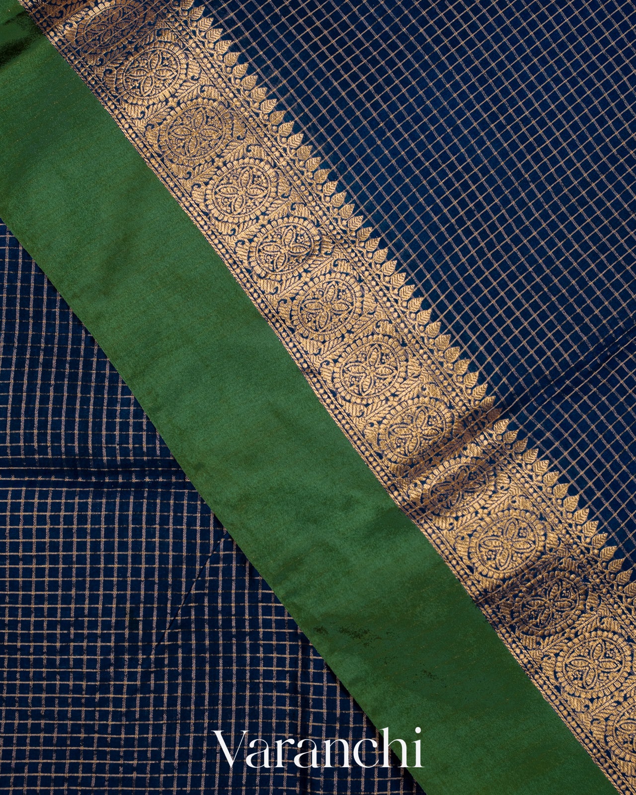 Navy Blue Checkered Pure Katan Silk Saree
