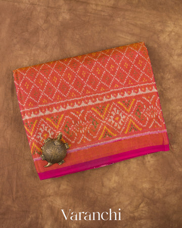 Coral Pink Pure Rajkot Patola Cotton Tissue Handloom Saree