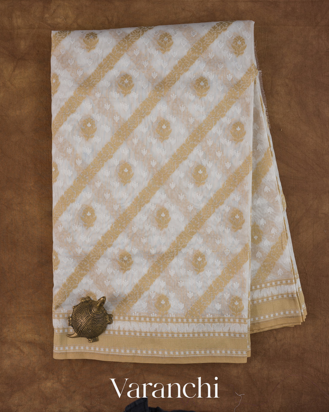 White Lehariya Jamdani Pure Kora Silk Cotton Saree