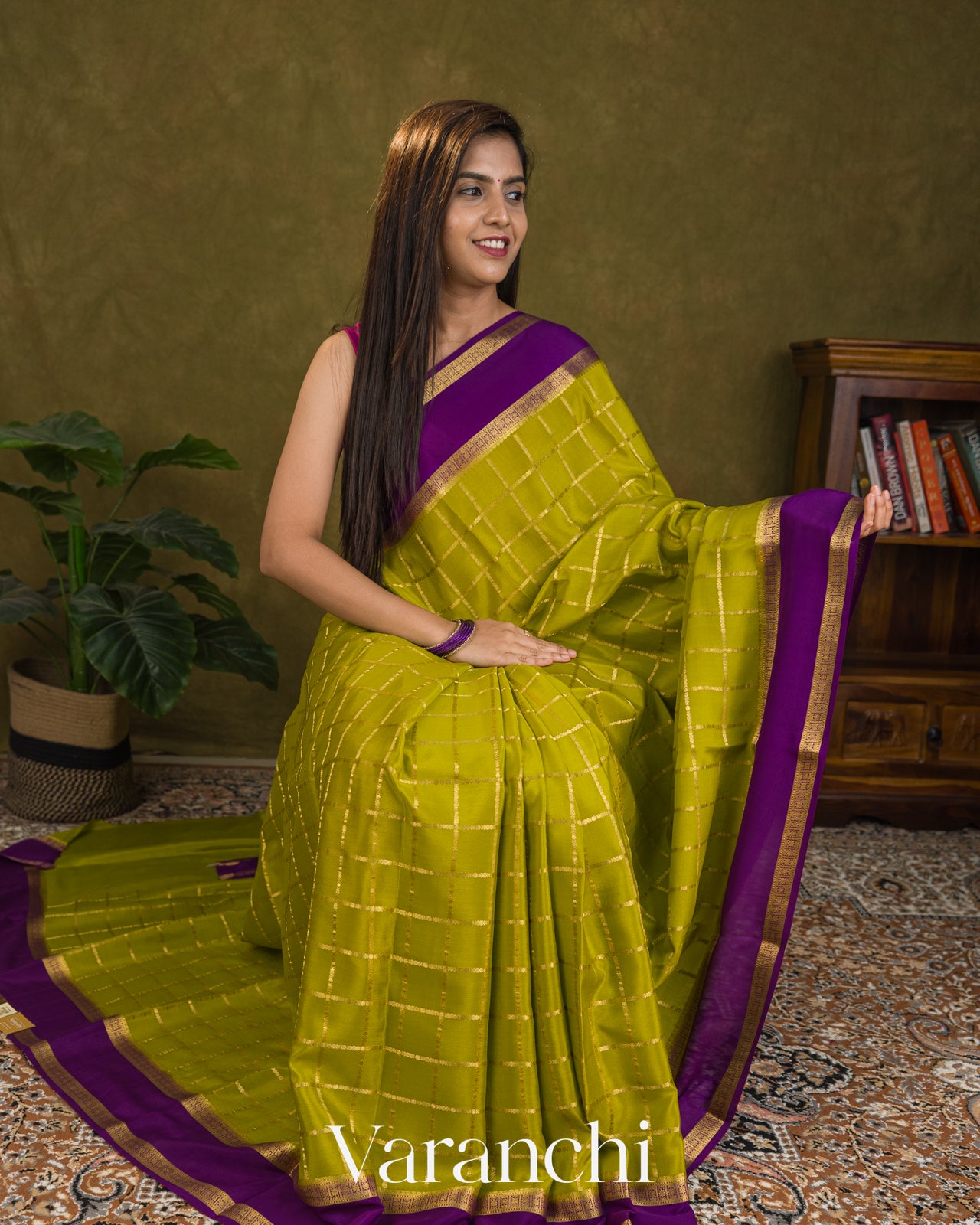 Lime Green Checkered Pure Mysore Crepe Silk Saree