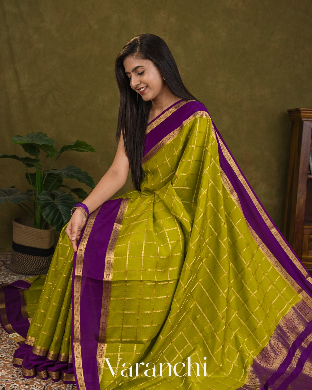 Lime Green Checkered Pure Mysore Crepe Silk Saree