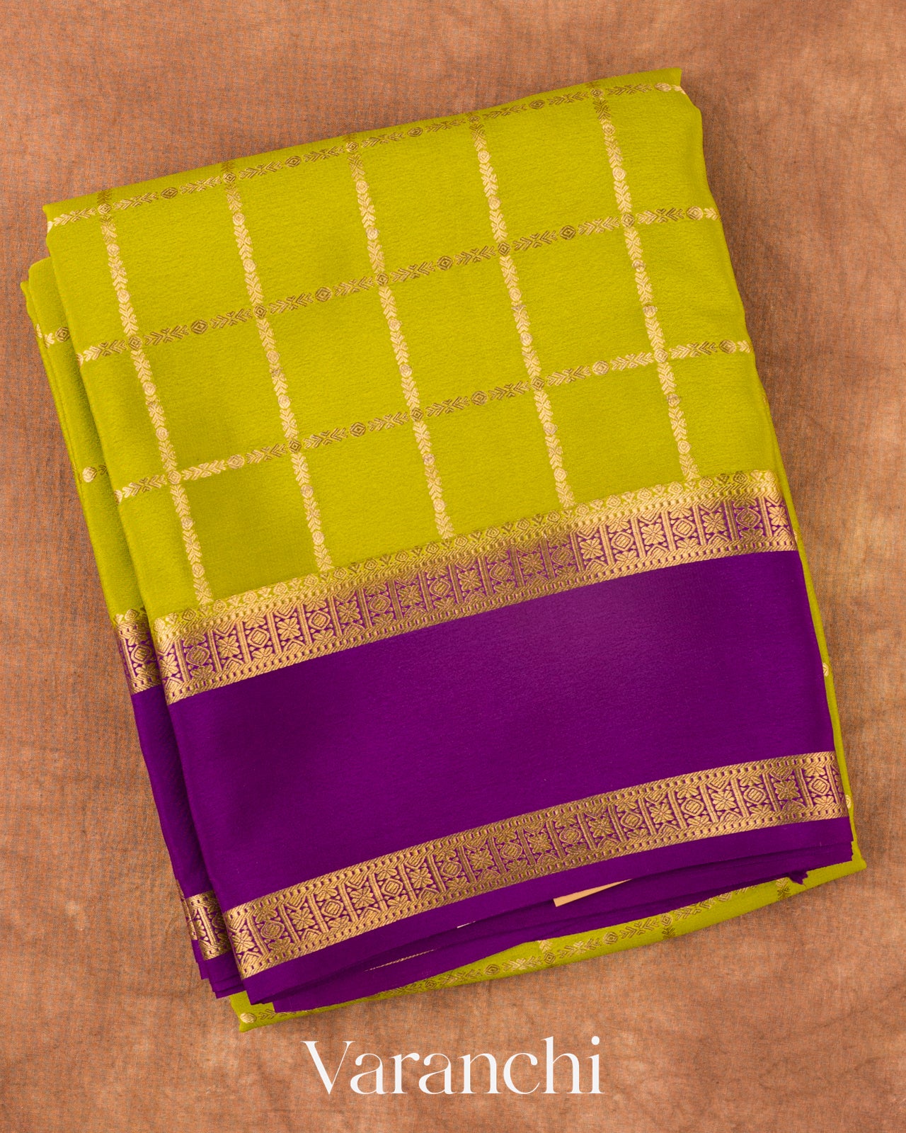 Lime Green Checkered Pure Mysore Crepe Silk Saree