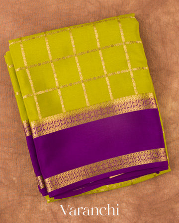 Lime Green Checkered Pure Mysore Crepe Silk Saree
