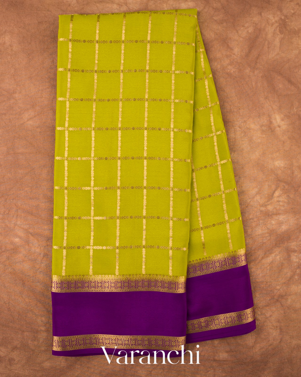 Lime Green Checkered Pure Mysore Crepe Silk Saree