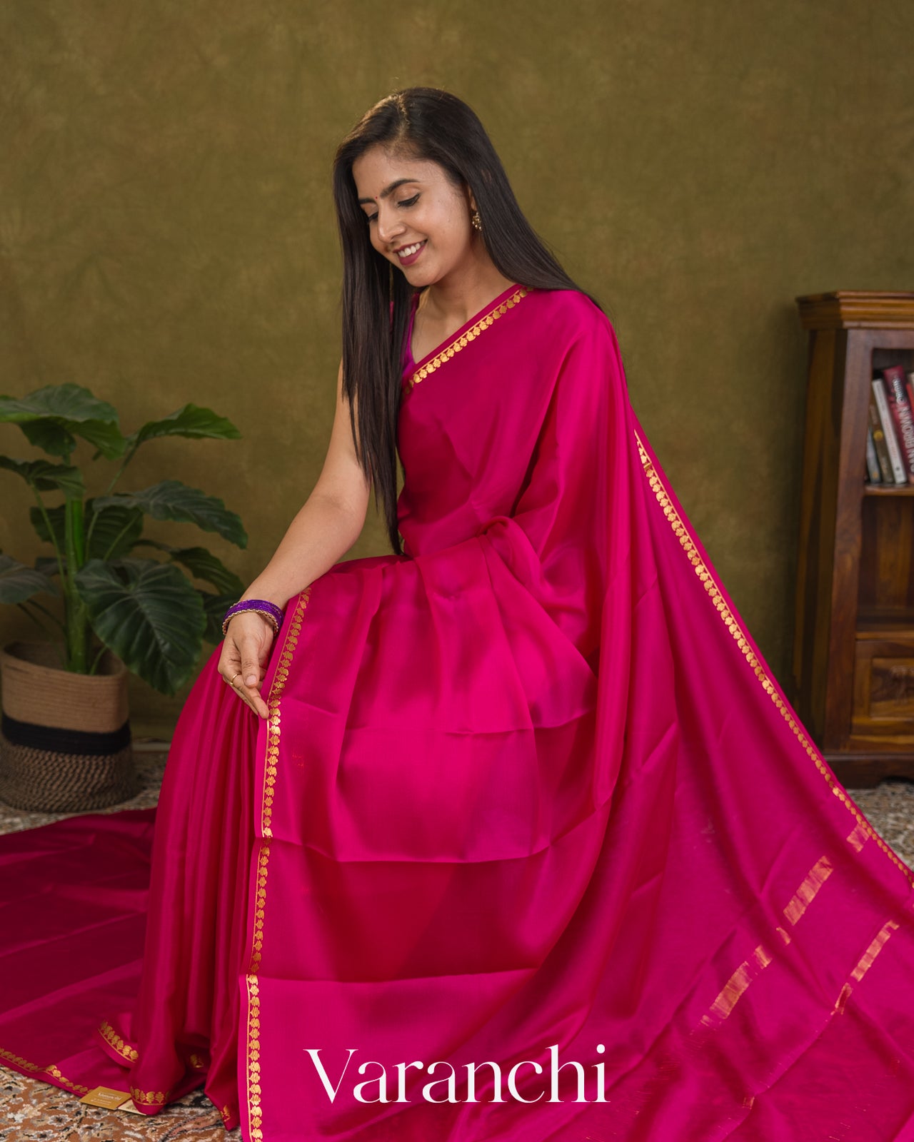 Rani Pink Pure Mysore Crepe Silk Saree