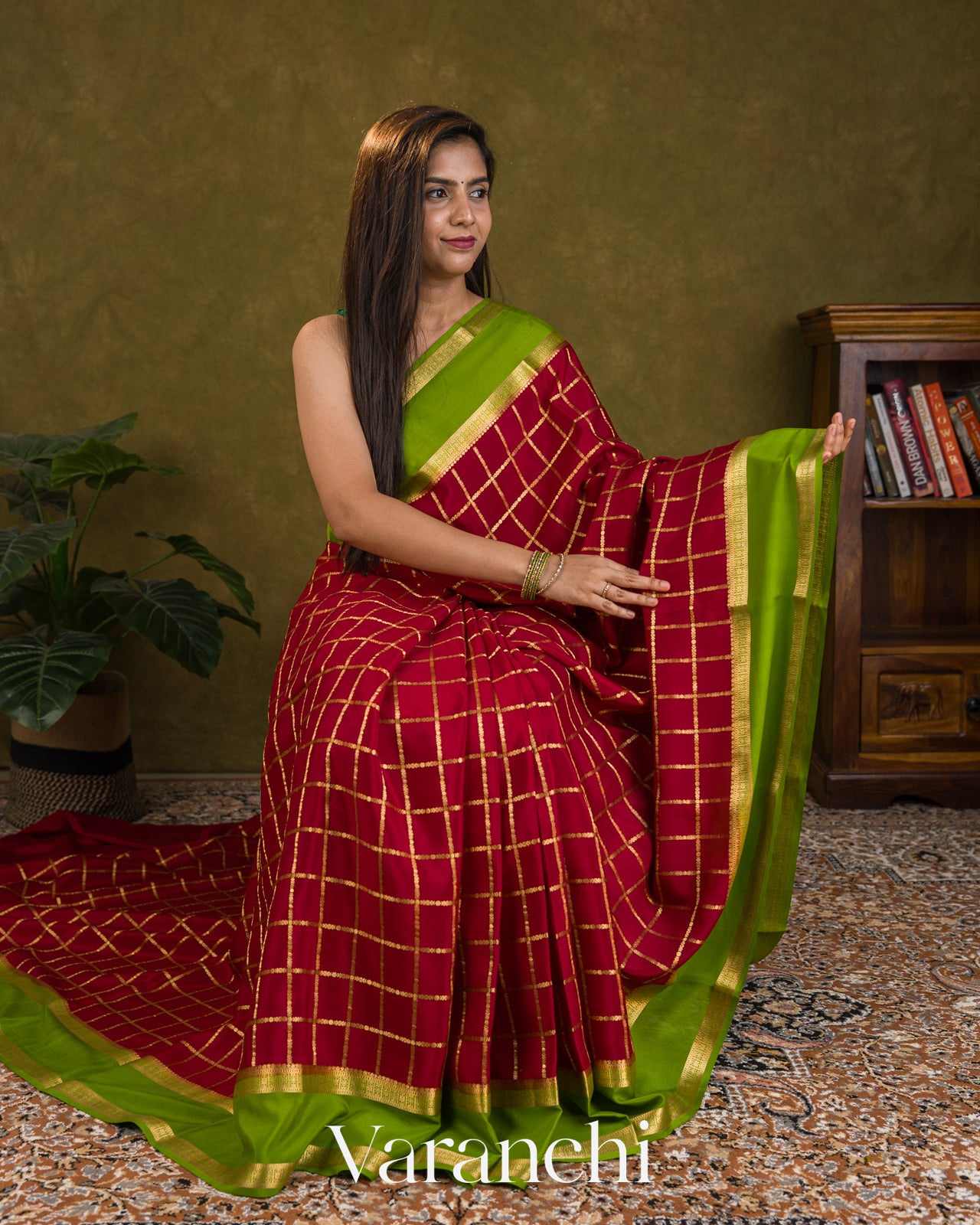 Maroon Checkered Pure Mysore Crepe Silk Saree