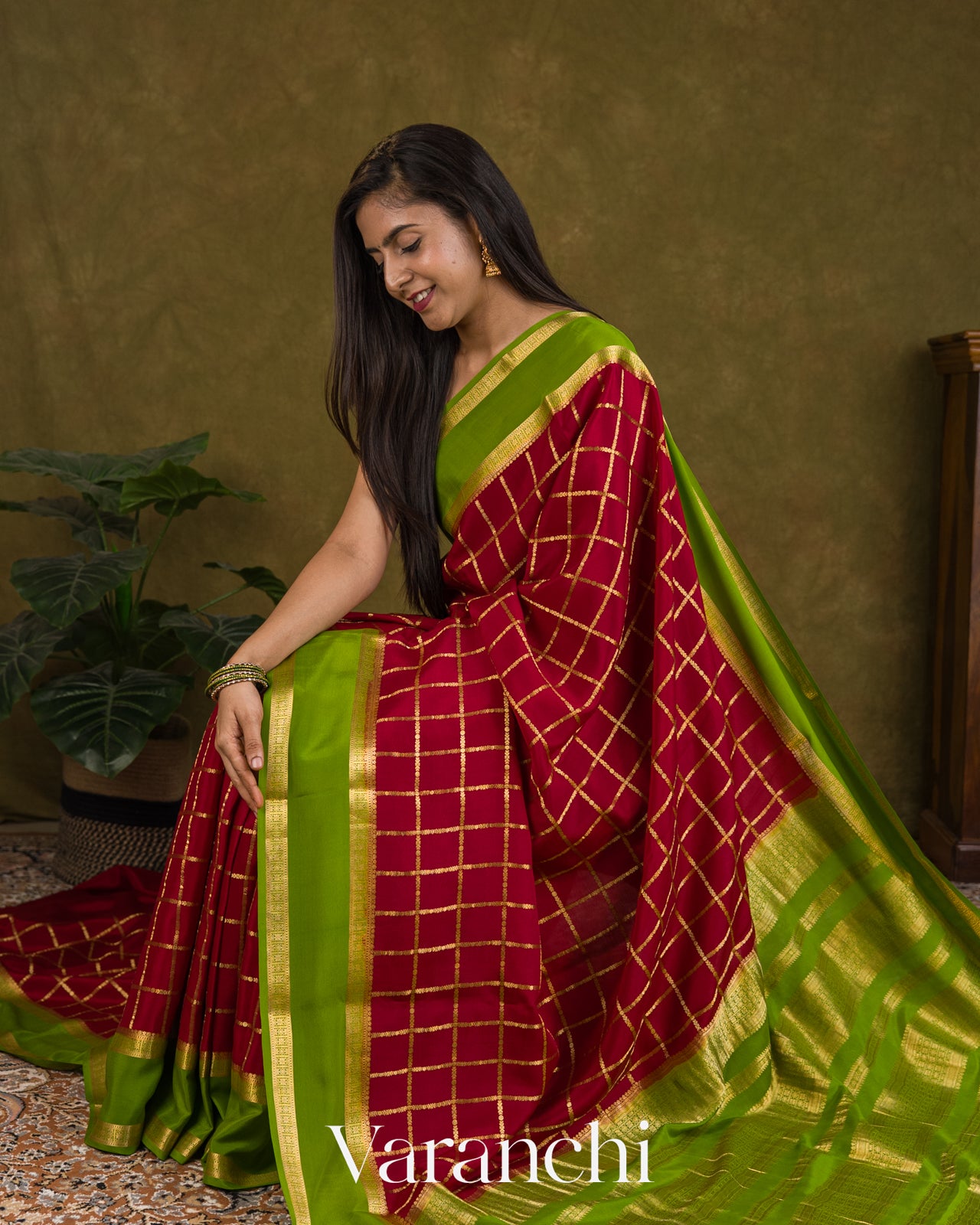Maroon Checkered Pure Mysore Crepe Silk Saree
