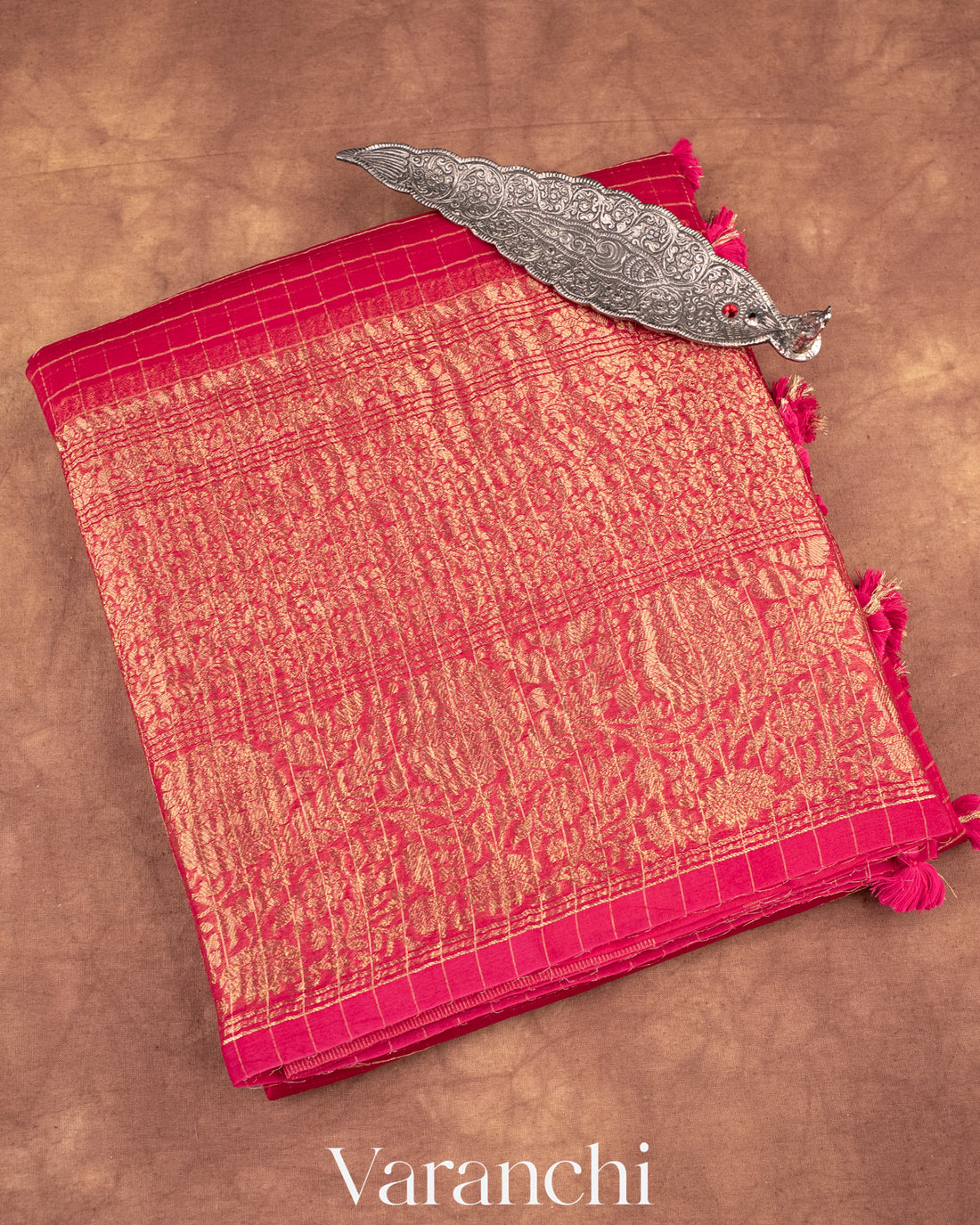 Reddish Pink Pure Crush Kora Silk Saree 