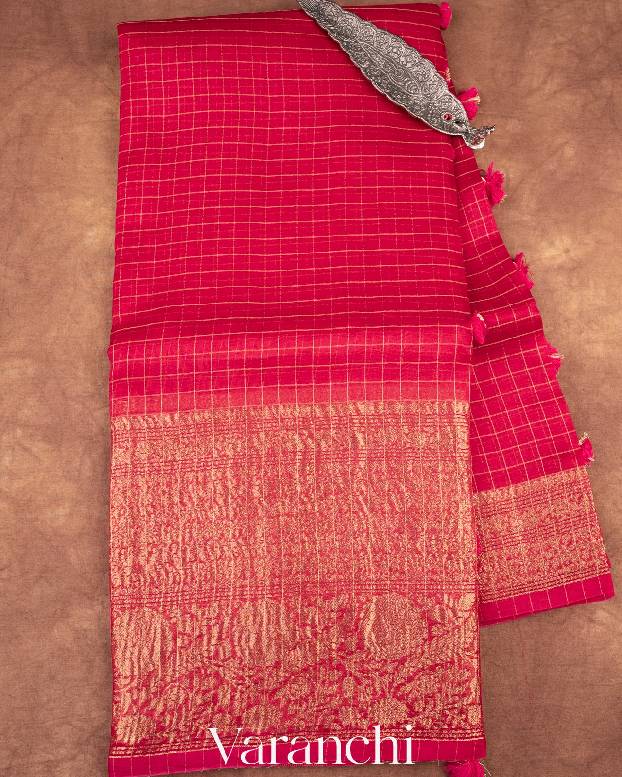 Reddish Pink Pure Crush Kora Silk Saree 