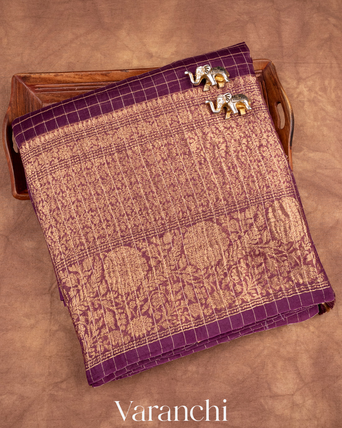 Deep Wine Purple Pure Crush Kora Silk Saree 